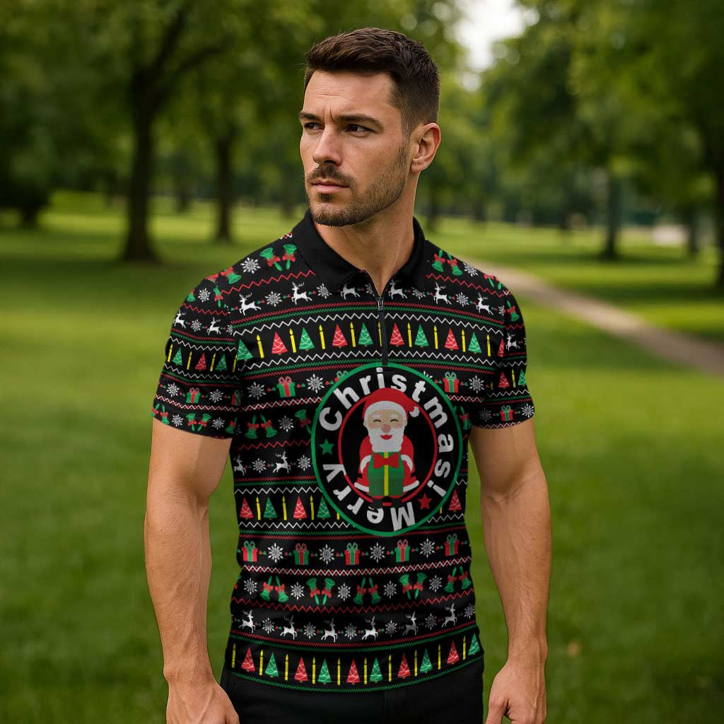 Gift For Merry Christmas Zipper Polo Shirt with Santa Claus and Holiday Icons Pattern - Wonder Print Shop
