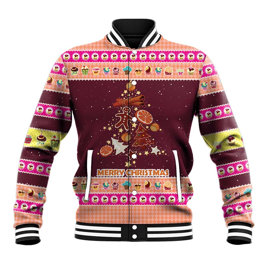 Christmas Cookie Baseball Jacket with Gingerbread Tree Candy Ornaments and Sweet Treat Pattern - Wonder Print Shop