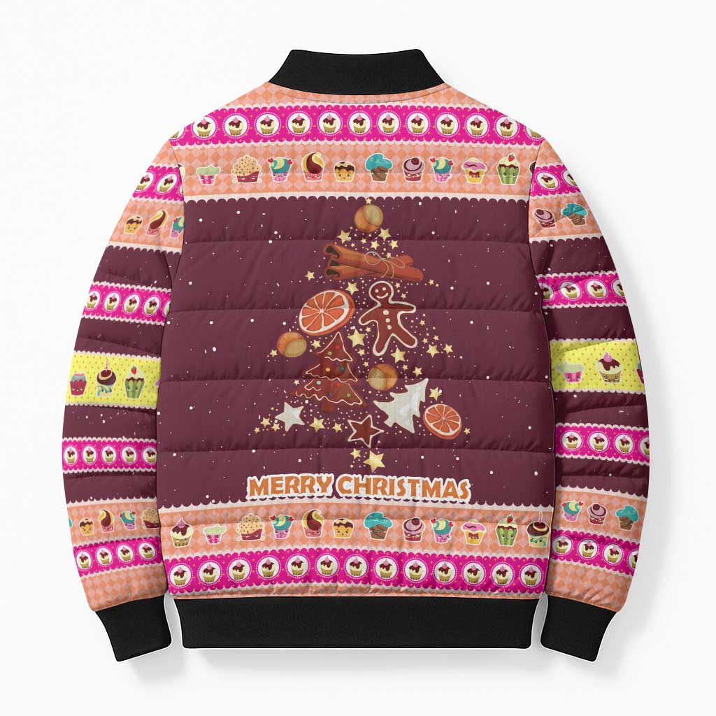 Christmas Cookie Bomber Puffer Jacket with Gingerbread Tree Candy Ornaments and Sweet Treat Pattern - Wonder Print Shop
