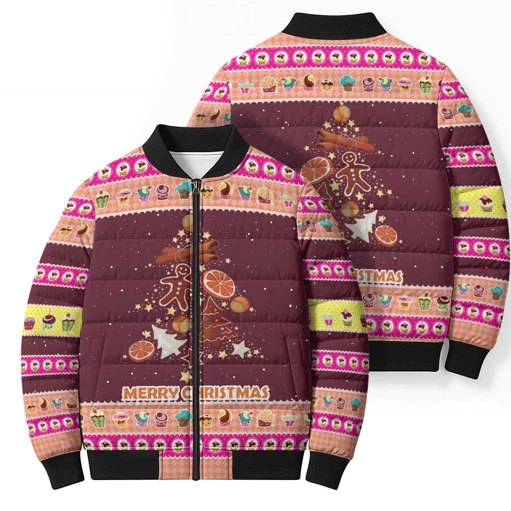 Christmas Cookie Bomber Puffer Jacket with Gingerbread Tree Candy Ornaments and Sweet Treat Pattern - Wonder Print Shop