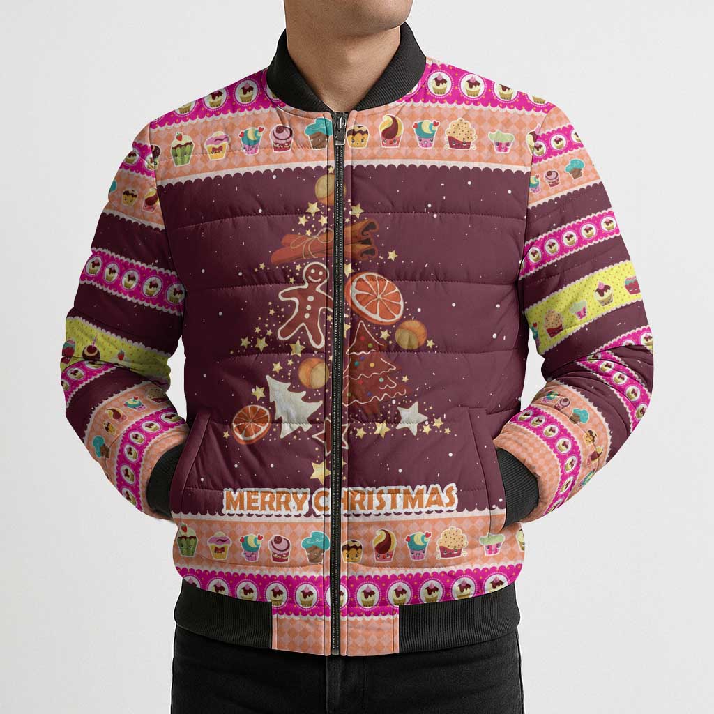 Christmas Cookie Bomber Puffer Jacket with Gingerbread Tree Candy Ornaments and Sweet Treat Pattern - Wonder Print Shop
