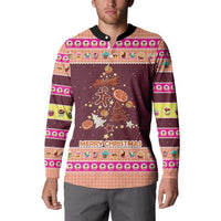 Christmas Cookie Button Sweatshirt with Gingerbread Tree Candy Ornaments and Sweet Treat Pattern - Wonder Print Shop