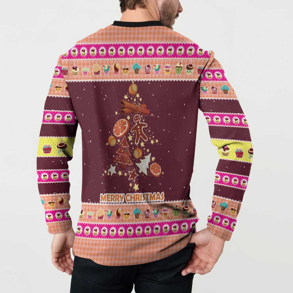 Christmas Cookie Button Sweatshirt with Gingerbread Tree Candy Ornaments and Sweet Treat Pattern - Wonder Print Shop