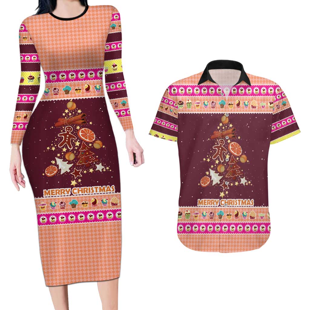 Christmas Cookie Couples Matching Long Sleeve Bodycon Dress and Hawaiian Shirt with Gingerbread Tree Candy Ornaments and Sweet Treat Pattern - Wonder Print Shop