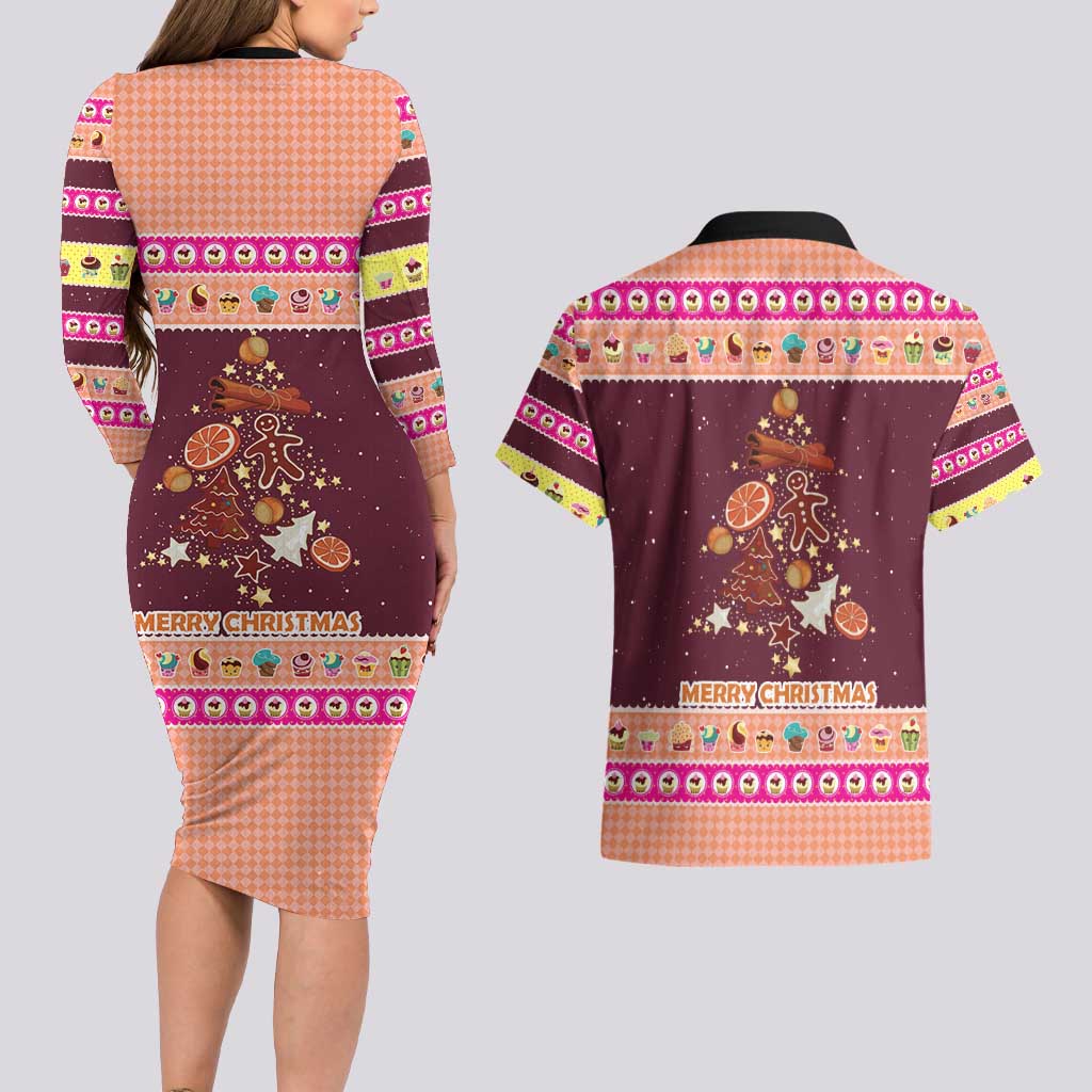 Christmas Cookie Couples Matching Long Sleeve Bodycon Dress and Hawaiian Shirt with Gingerbread Tree Candy Ornaments and Sweet Treat Pattern - Wonder Print Shop