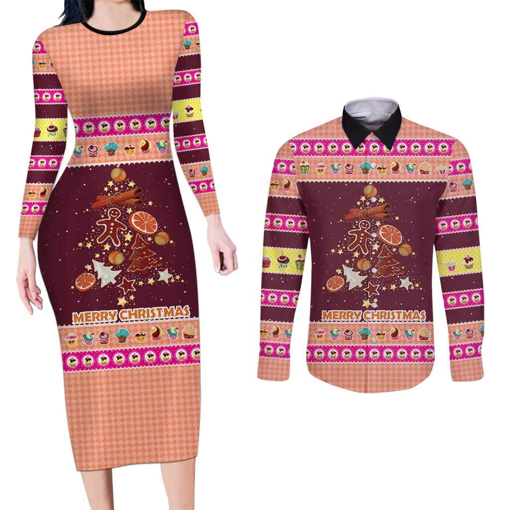Christmas Cookie Couples Matching Long Sleeve Bodycon Dress and Long Sleeve Button Shirt with Gingerbread Tree Candy Ornaments and Sweet Treat Pattern - Wonder Print Shop