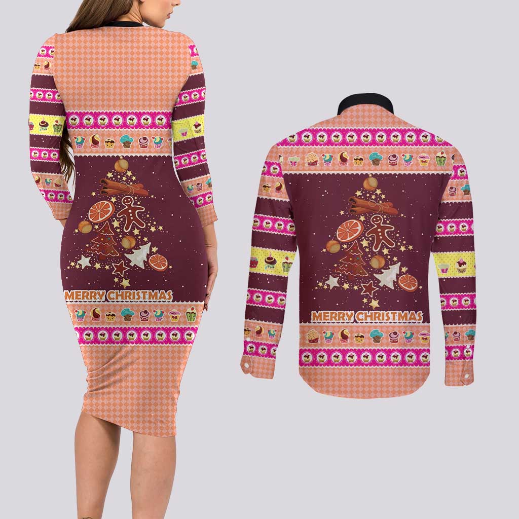 Christmas Cookie Couples Matching Long Sleeve Bodycon Dress and Long Sleeve Button Shirt with Gingerbread Tree Candy Ornaments and Sweet Treat Pattern - Wonder Print Shop