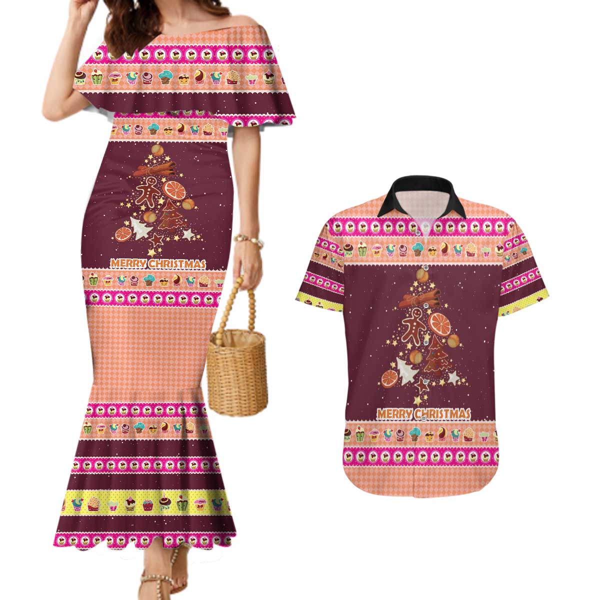 Christmas Cookie Couples Matching Mermaid Dress and Hawaiian Shirt with Gingerbread Tree Candy Ornaments and Sweet Treat Pattern - Wonder Print Shop