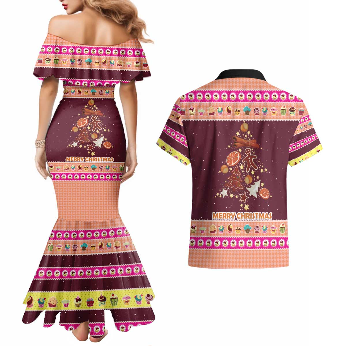 Christmas Cookie Couples Matching Mermaid Dress and Hawaiian Shirt with Gingerbread Tree Candy Ornaments and Sweet Treat Pattern - Wonder Print Shop