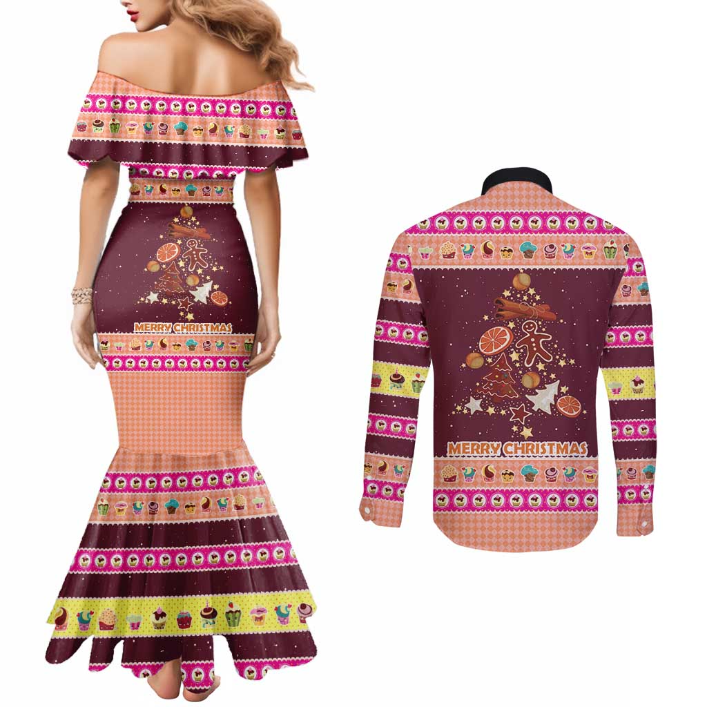 Christmas Cookie Couples Matching Mermaid Dress and Long Sleeve Button Shirt with Gingerbread Tree Candy Ornaments and Sweet Treat Pattern - Wonder Print Shop