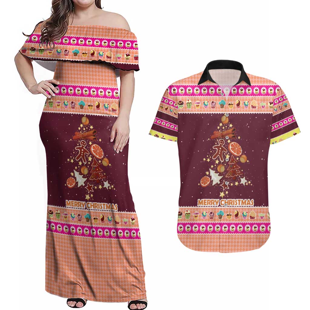 Christmas Cookie Couples Matching Off Shoulder Maxi Dress and Hawaiian Shirt with Gingerbread Tree Candy Ornaments and Sweet Treat Pattern - Wonder Print Shop