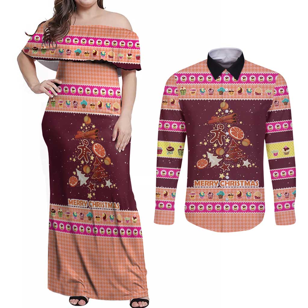 Christmas Cookie Couples Matching Off Shoulder Maxi Dress and Long Sleeve Button Shirt with Gingerbread Tree Candy Ornaments and Sweet Treat Pattern - Wonder Print Shop