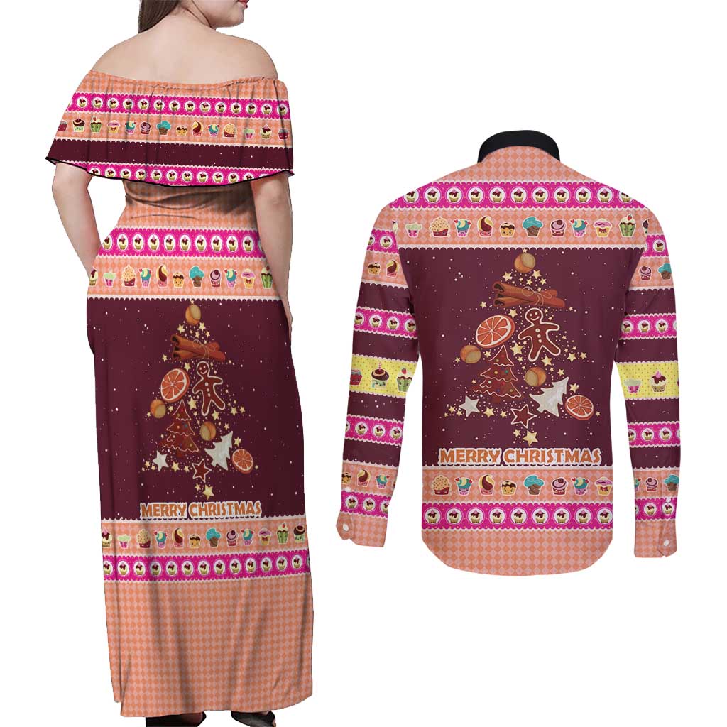 Christmas Cookie Couples Matching Off Shoulder Maxi Dress and Long Sleeve Button Shirt with Gingerbread Tree Candy Ornaments and Sweet Treat Pattern - Wonder Print Shop