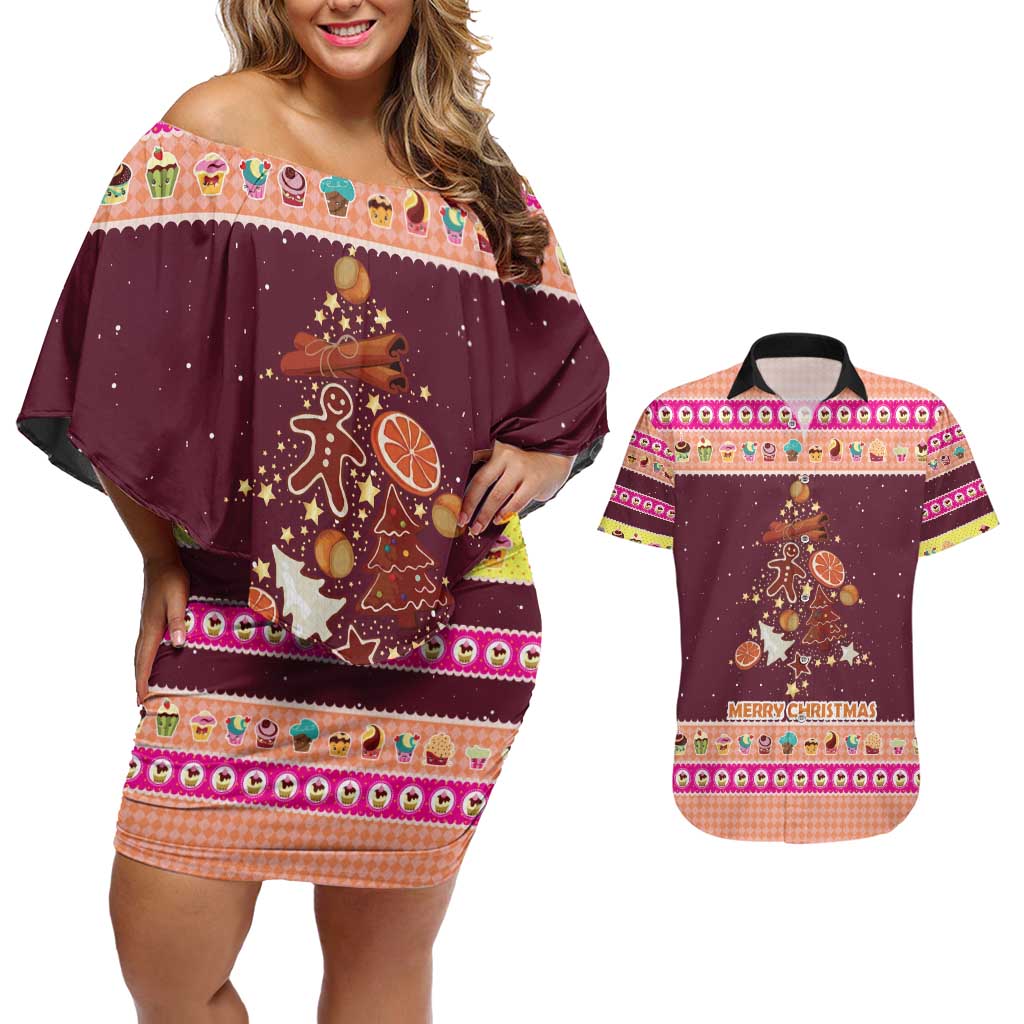 Christmas Cookie Couples Matching Off Shoulder Short Dress and Hawaiian Shirt with Gingerbread Tree Candy Ornaments and Sweet Treat Pattern - Wonder Print Shop
