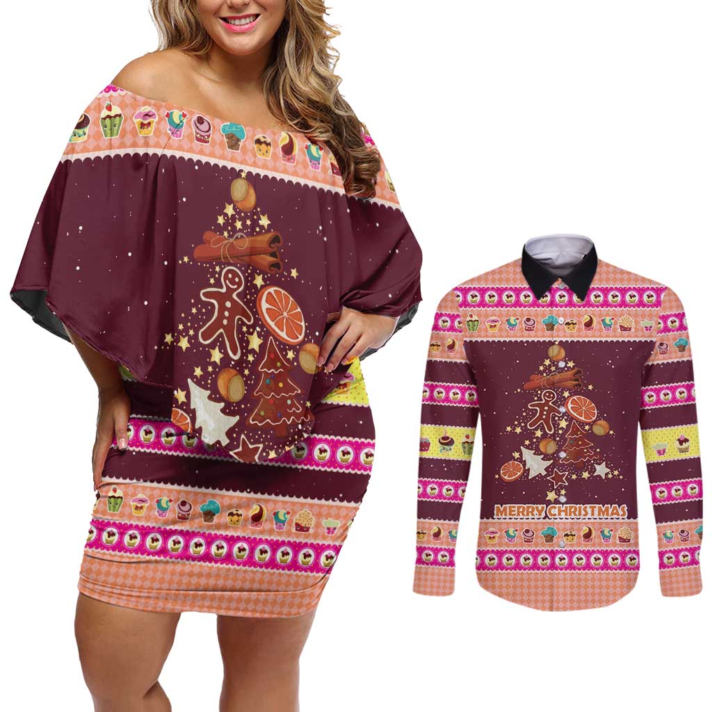 Christmas Cookie Couples Matching Off Shoulder Short Dress and Long Sleeve Button Shirt with Gingerbread Tree Candy Ornaments and Sweet Treat Pattern - Wonder Print Shop