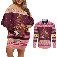 Christmas Cookie Couples Matching Off Shoulder Short Dress and Long Sleeve Button Shirt with Gingerbread Tree Candy Ornaments and Sweet Treat Pattern - Wonder Print Shop