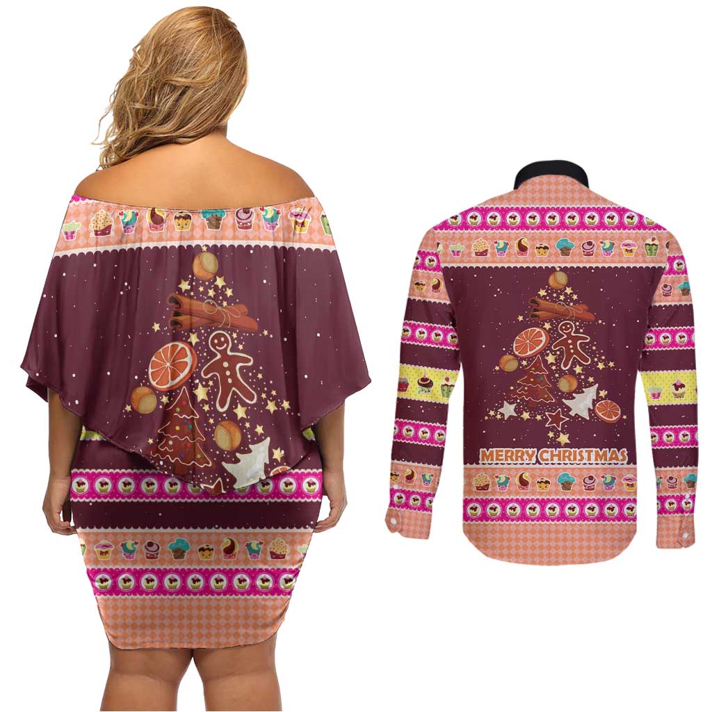 Christmas Cookie Couples Matching Off Shoulder Short Dress and Long Sleeve Button Shirt with Gingerbread Tree Candy Ornaments and Sweet Treat Pattern - Wonder Print Shop