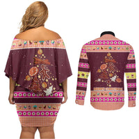 Christmas Cookie Couples Matching Off Shoulder Short Dress and Long Sleeve Button Shirt with Gingerbread Tree Candy Ornaments and Sweet Treat Pattern - Wonder Print Shop