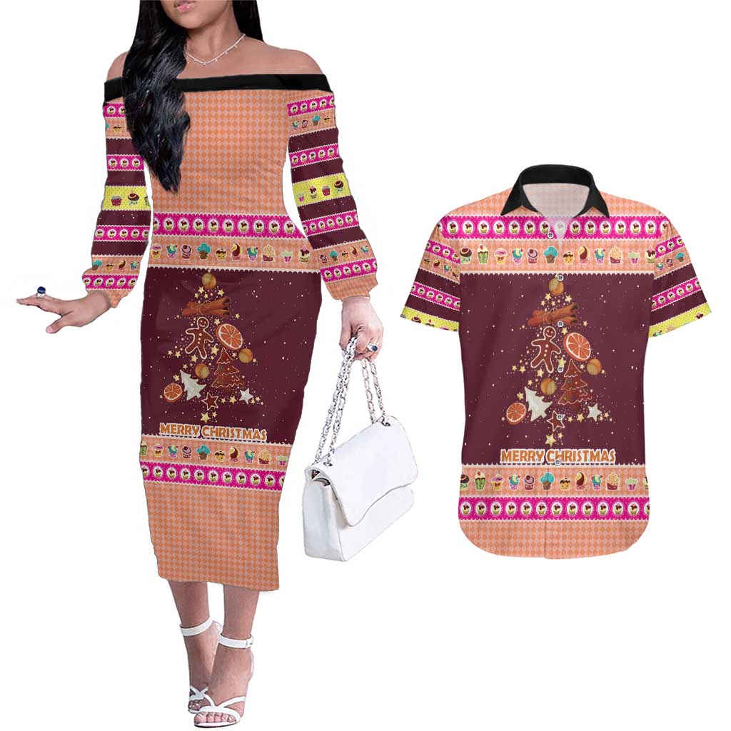 Christmas Cookie Couples Matching Off The Shoulder Long Sleeve Dress and Hawaiian Shirt with Gingerbread Tree Candy Ornaments and Sweet Treat Pattern - Wonder Print Shop