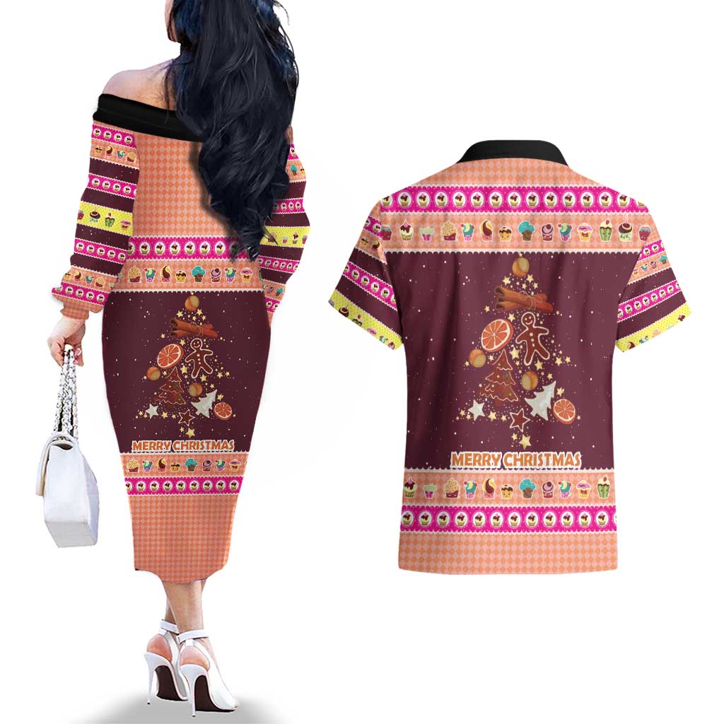 Christmas Cookie Couples Matching Off The Shoulder Long Sleeve Dress and Hawaiian Shirt with Gingerbread Tree Candy Ornaments and Sweet Treat Pattern - Wonder Print Shop