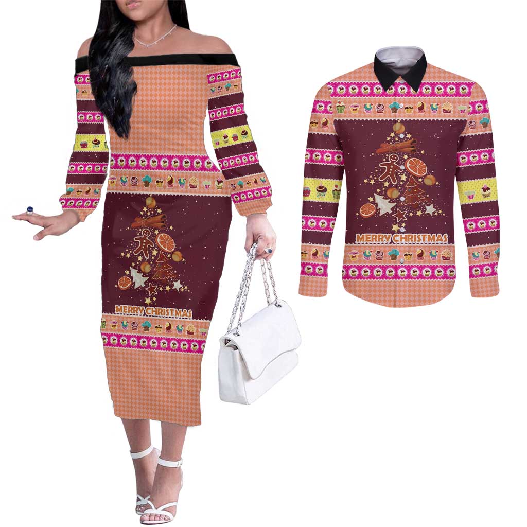 Christmas Cookie Couples Matching Off The Shoulder Long Sleeve Dress and Long Sleeve Button Shirt with Gingerbread Tree Candy Ornaments and Sweet Treat Pattern - Wonder Print Shop