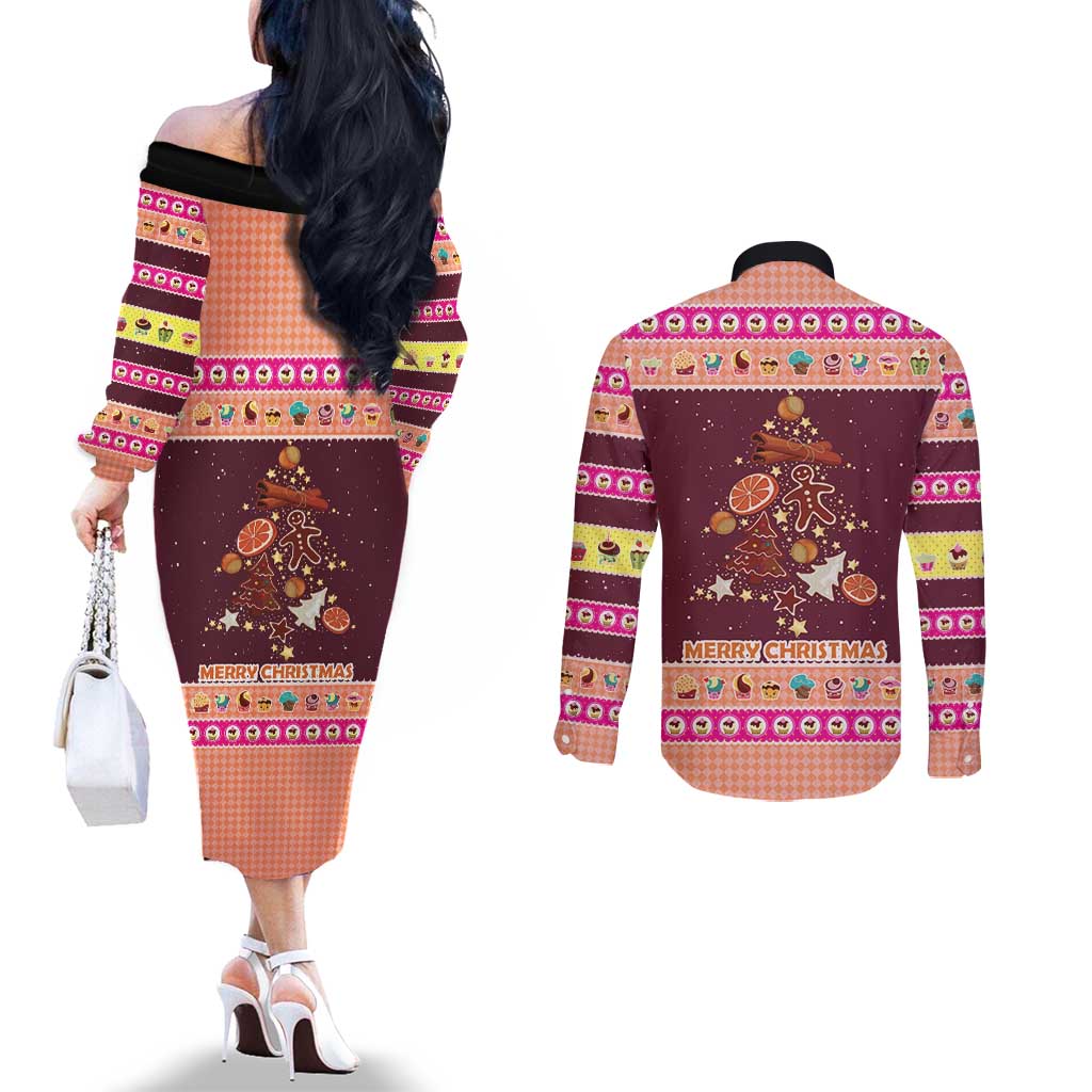 Christmas Cookie Couples Matching Off The Shoulder Long Sleeve Dress and Long Sleeve Button Shirt with Gingerbread Tree Candy Ornaments and Sweet Treat Pattern - Wonder Print Shop