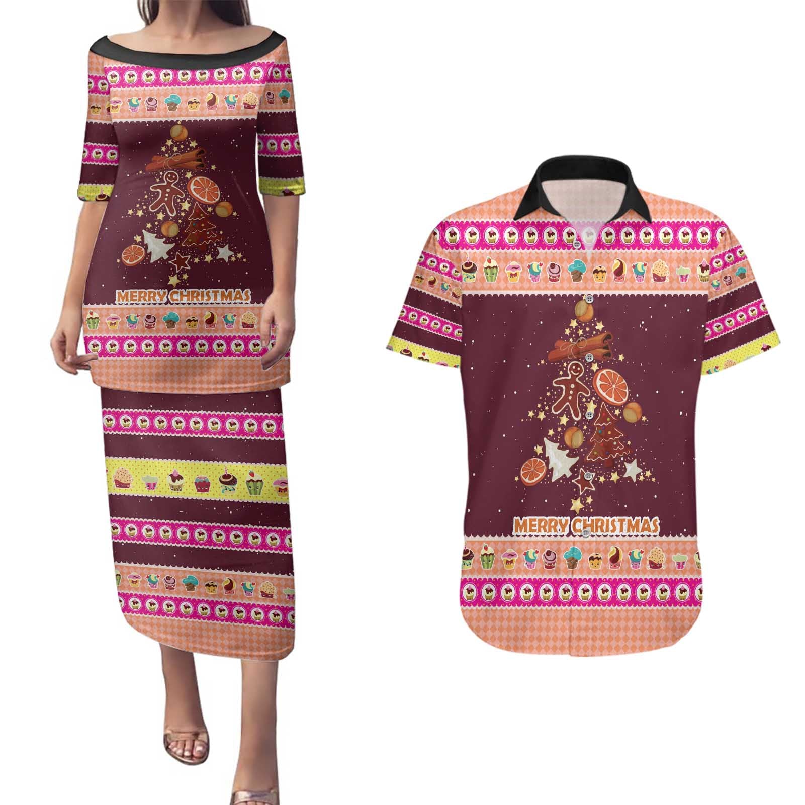 Christmas Cookie Couples Matching Puletasi and Hawaiian Shirt with Gingerbread Tree Candy Ornaments and Sweet Treat Pattern - Wonder Print Shop