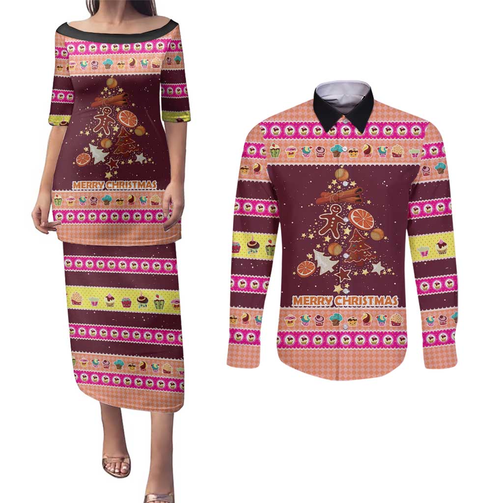 Christmas Cookie Couples Matching Puletasi and Long Sleeve Button Shirt with Gingerbread Tree Candy Ornaments and Sweet Treat Pattern - Wonder Print Shop