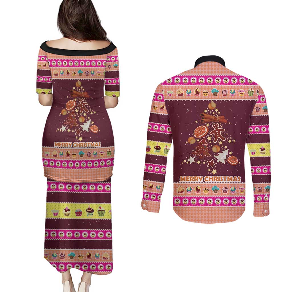 Christmas Cookie Couples Matching Puletasi and Long Sleeve Button Shirt with Gingerbread Tree Candy Ornaments and Sweet Treat Pattern - Wonder Print Shop