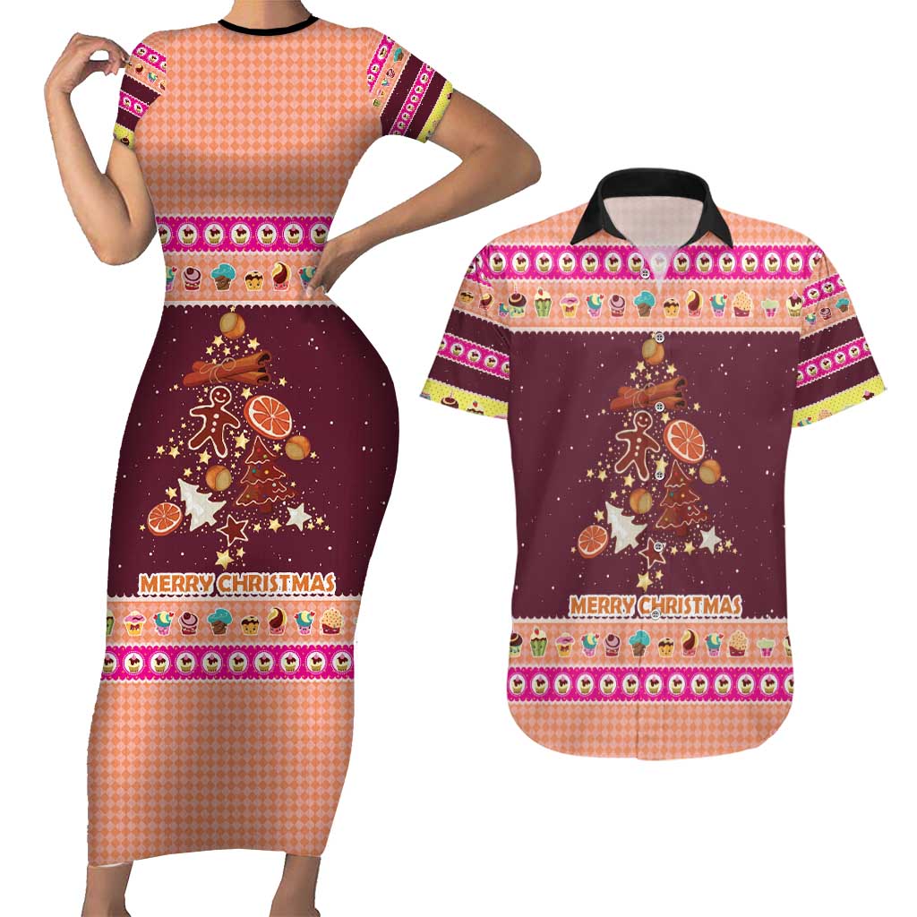 Christmas Cookie Couples Matching Short Sleeve Bodycon Dress and Hawaiian Shirt with Gingerbread Tree Candy Ornaments and Sweet Treat Pattern - Wonder Print Shop