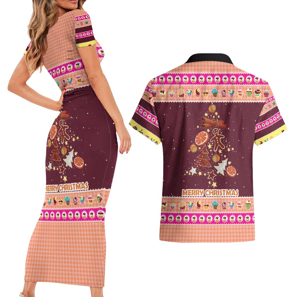 Christmas Cookie Couples Matching Short Sleeve Bodycon Dress and Hawaiian Shirt with Gingerbread Tree Candy Ornaments and Sweet Treat Pattern - Wonder Print Shop