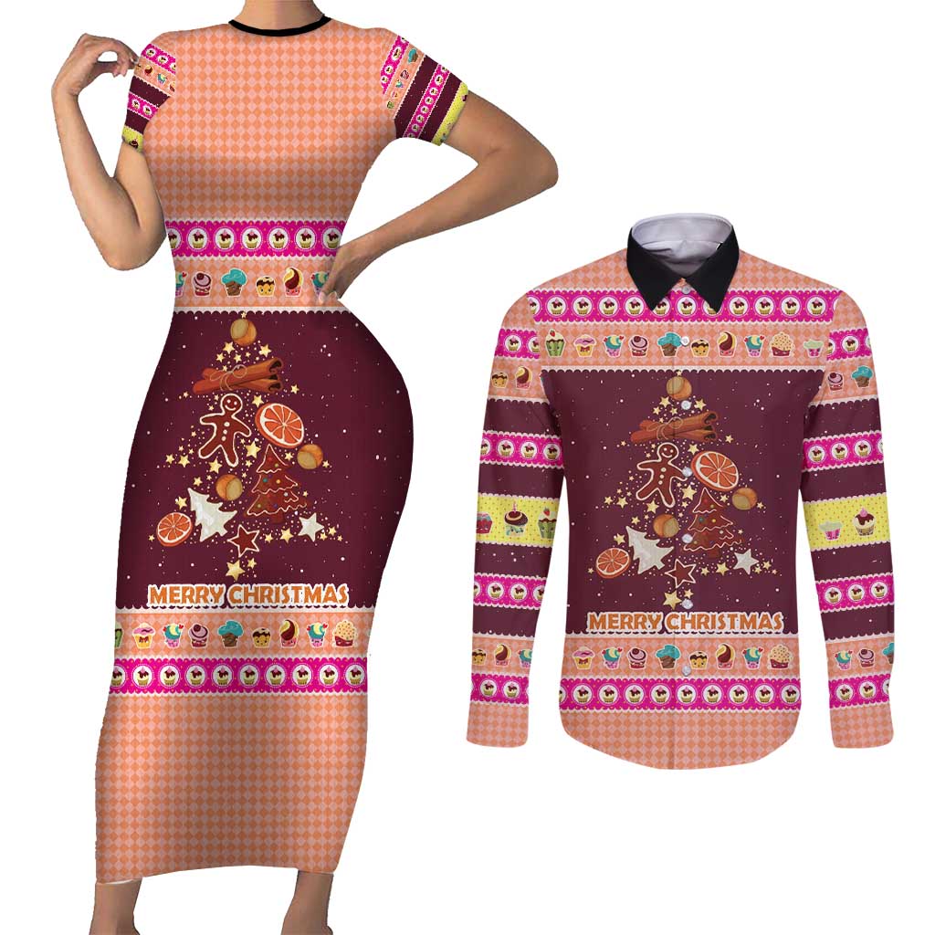 Christmas Cookie Couples Matching Short Sleeve Bodycon Dress and Long Sleeve Button Shirt with Gingerbread Tree Candy Ornaments and Sweet Treat Pattern - Wonder Print Shop