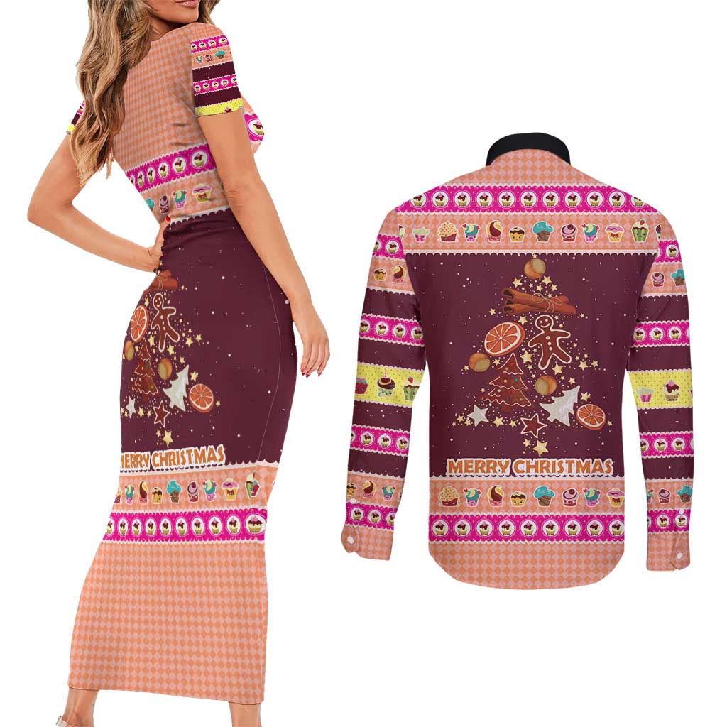 Christmas Cookie Couples Matching Short Sleeve Bodycon Dress and Long Sleeve Button Shirt with Gingerbread Tree Candy Ornaments and Sweet Treat Pattern - Wonder Print Shop