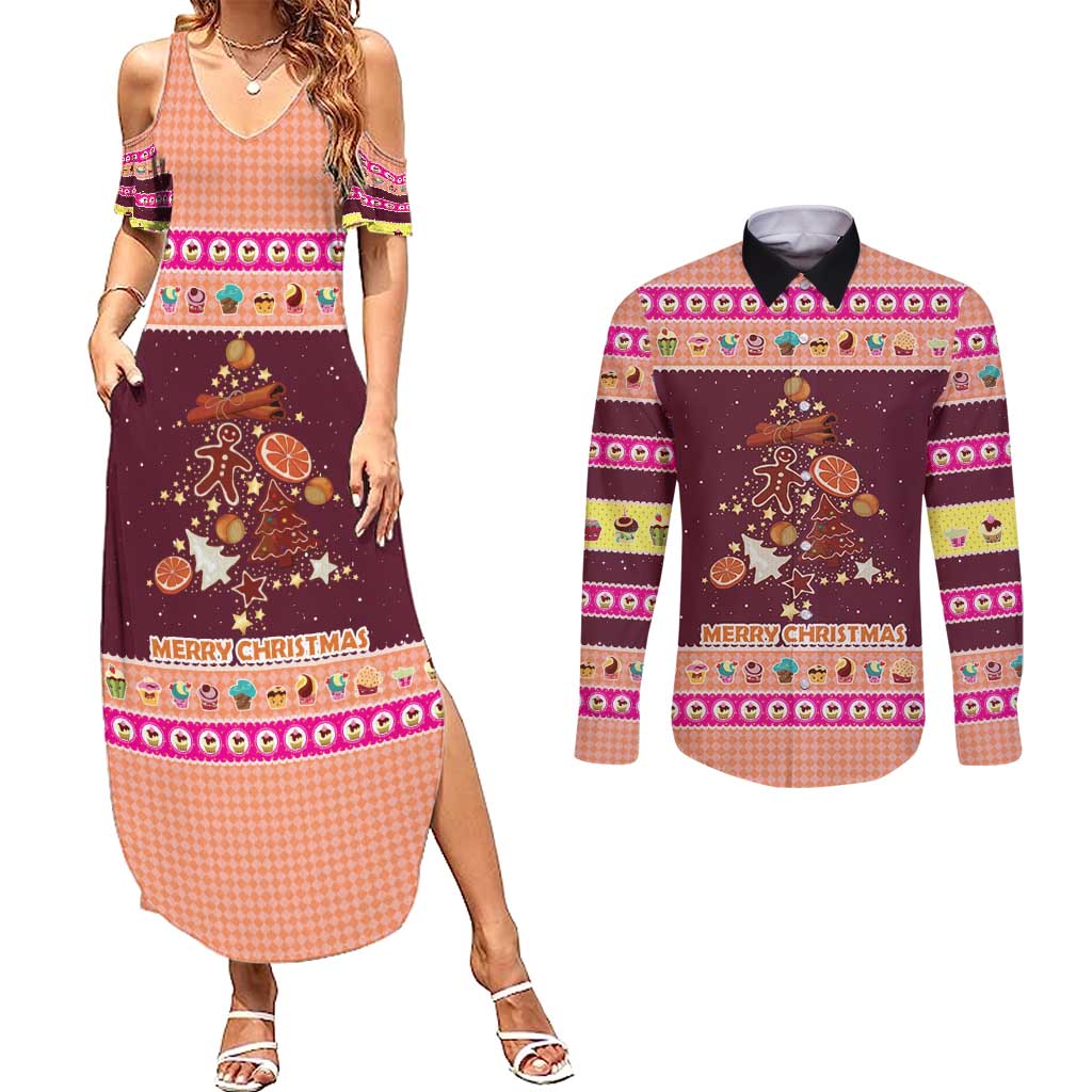 Christmas Cookie Couples Matching Summer Maxi Dress and Long Sleeve Button Shirt with Gingerbread Tree Candy Ornaments and Sweet Treat Pattern - Wonder Print Shop