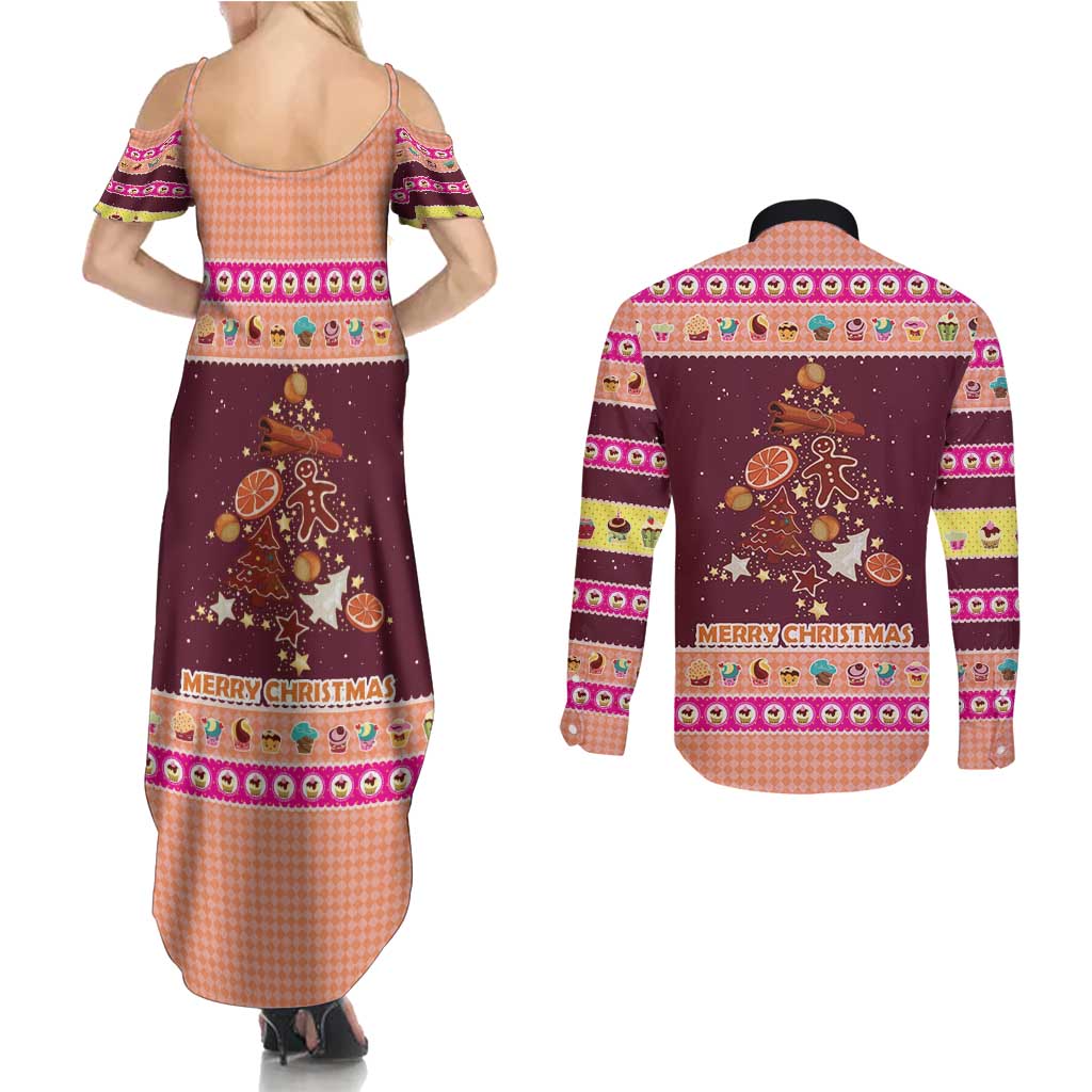 Christmas Cookie Couples Matching Summer Maxi Dress and Long Sleeve Button Shirt with Gingerbread Tree Candy Ornaments and Sweet Treat Pattern - Wonder Print Shop