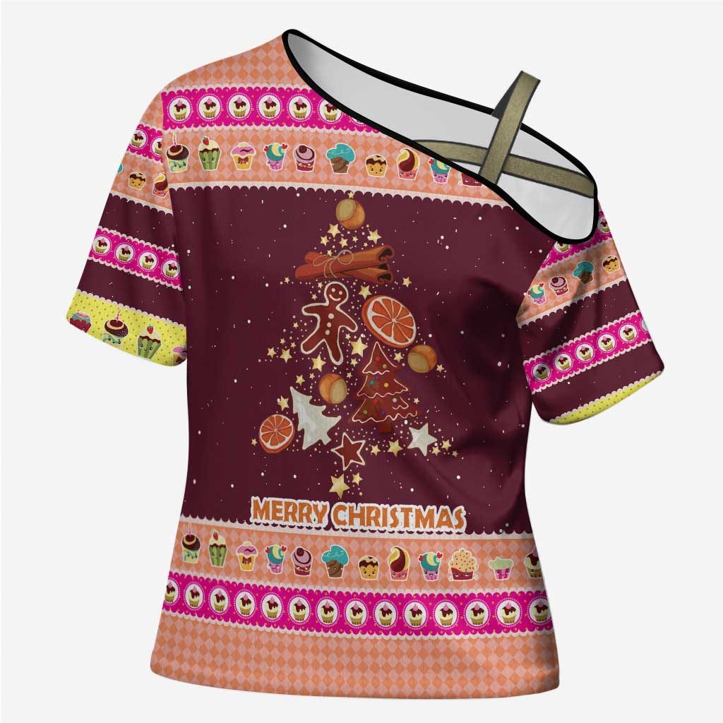 Christmas Cookie Cross Shoulder Shirt with Gingerbread Tree Candy Ornaments and Sweet Treat Pattern - Wonder Print Shop