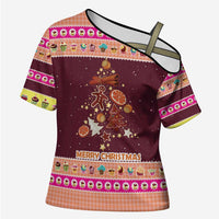 Christmas Cookie Cross Shoulder Shirt with Gingerbread Tree Candy Ornaments and Sweet Treat Pattern - Wonder Print Shop