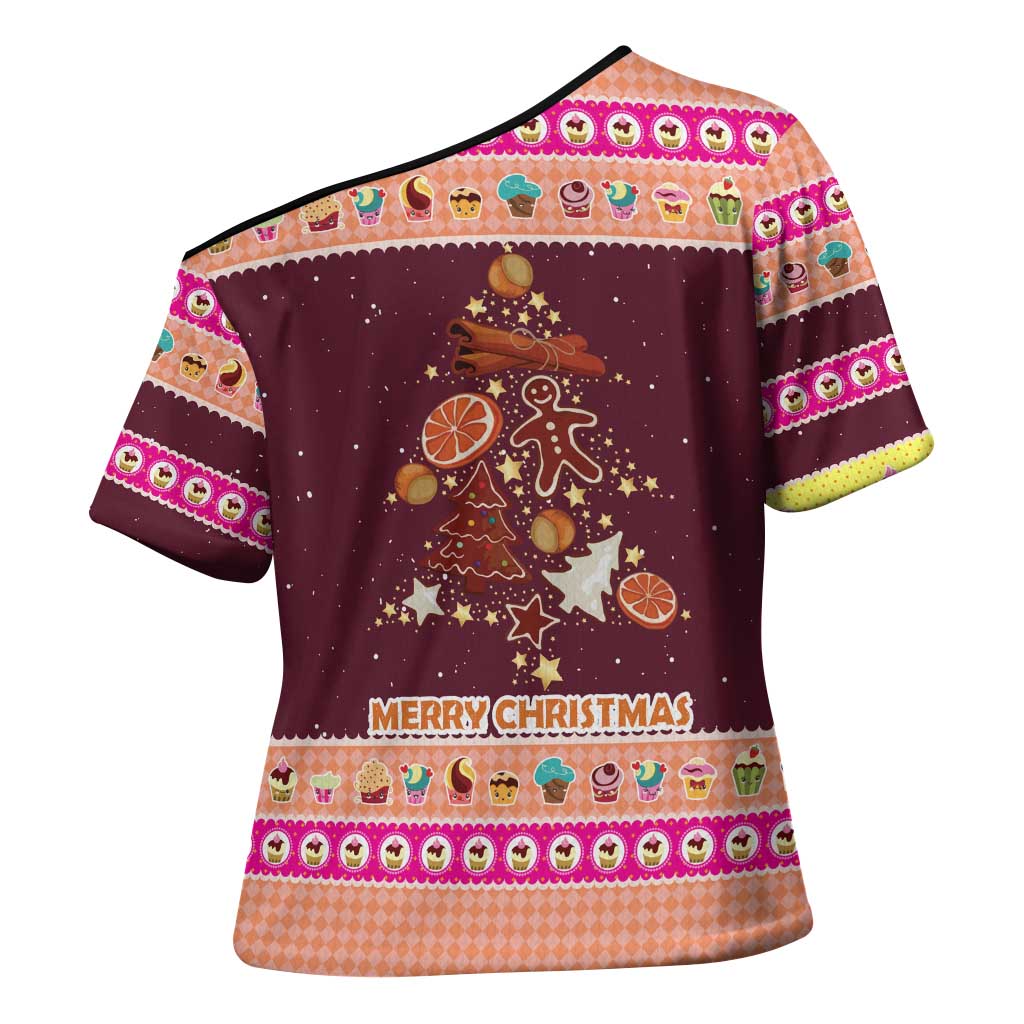 Christmas Cookie Cross Shoulder Shirt with Gingerbread Tree Candy Ornaments and Sweet Treat Pattern - Wonder Print Shop
