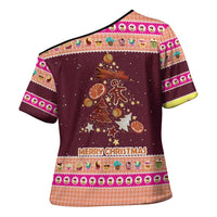Christmas Cookie Cross Shoulder Shirt with Gingerbread Tree Candy Ornaments and Sweet Treat Pattern - Wonder Print Shop