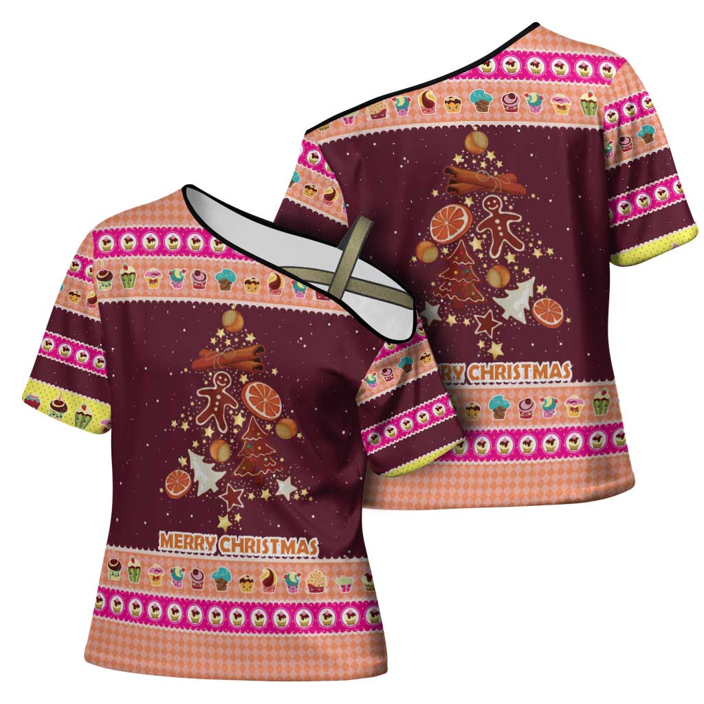 Christmas Cookie Cross Shoulder Shirt with Gingerbread Tree Candy Ornaments and Sweet Treat Pattern - Wonder Print Shop