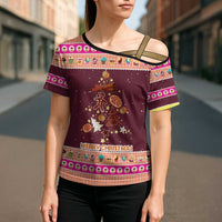 Christmas Cookie Cross Shoulder Shirt with Gingerbread Tree Candy Ornaments and Sweet Treat Pattern - Wonder Print Shop
