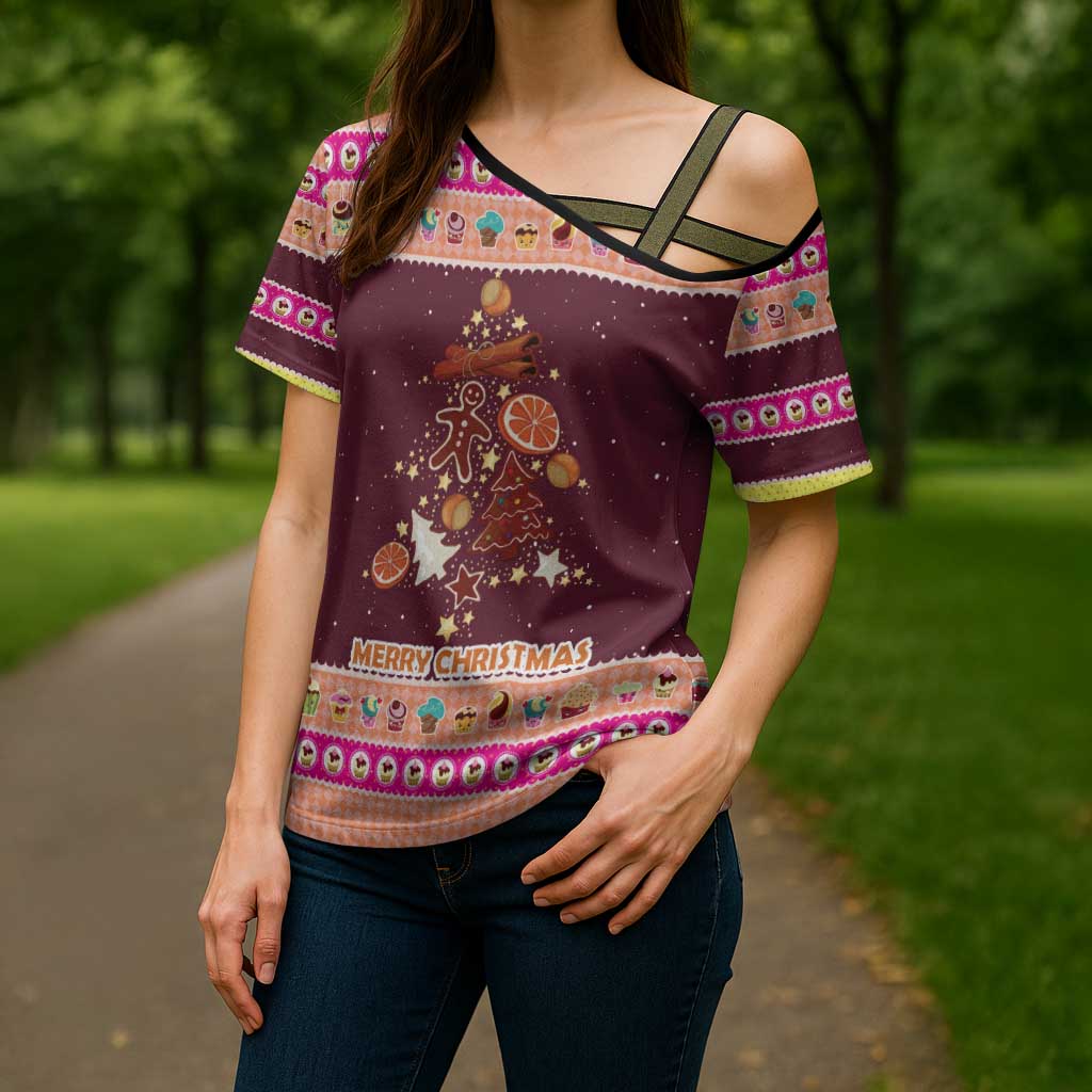 Christmas Cookie Cross Shoulder Shirt with Gingerbread Tree Candy Ornaments and Sweet Treat Pattern - Wonder Print Shop