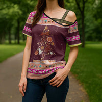 Christmas Cookie Cross Shoulder Shirt with Gingerbread Tree Candy Ornaments and Sweet Treat Pattern - Wonder Print Shop