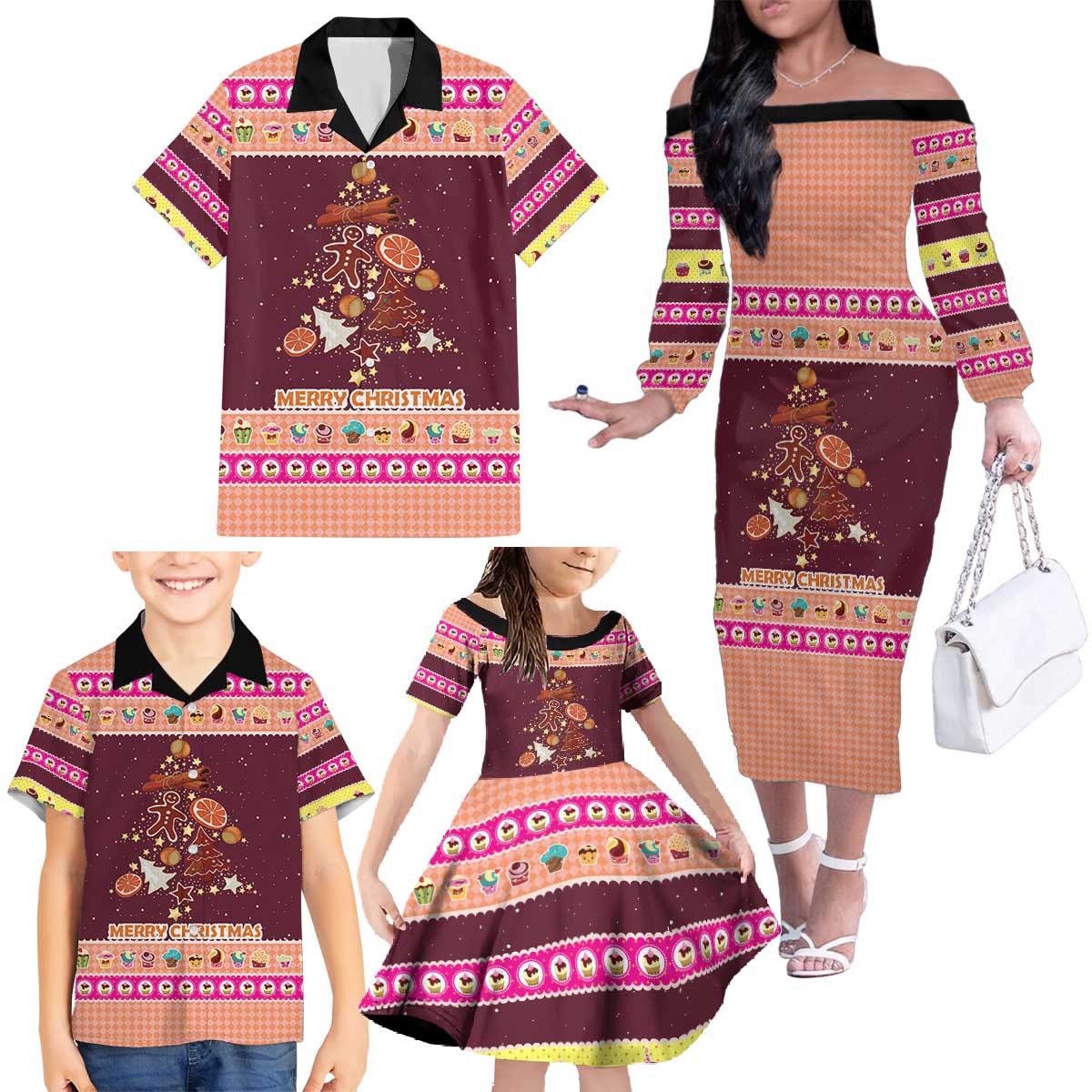 Christmas Cookie Family Matching Off The Shoulder Long Sleeve Dress and Hawaiian Shirt with Gingerbread Tree Candy Ornaments and Sweet Treat Pattern - Wonder Print Shop