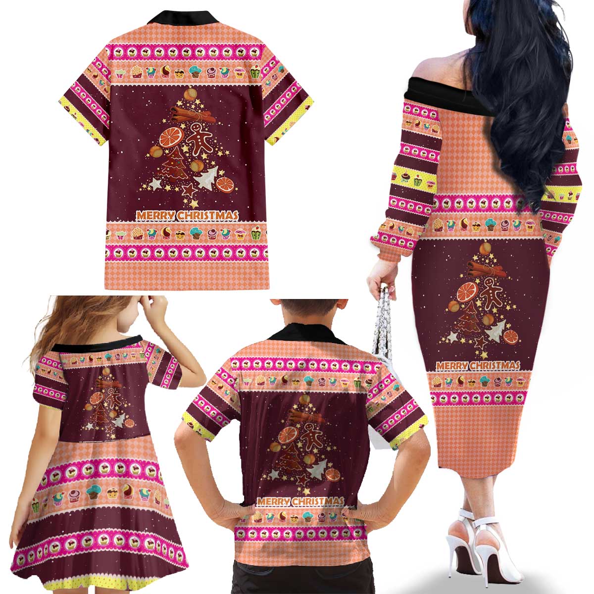 Christmas Cookie Family Matching Off The Shoulder Long Sleeve Dress and Hawaiian Shirt with Gingerbread Tree Candy Ornaments and Sweet Treat Pattern - Wonder Print Shop