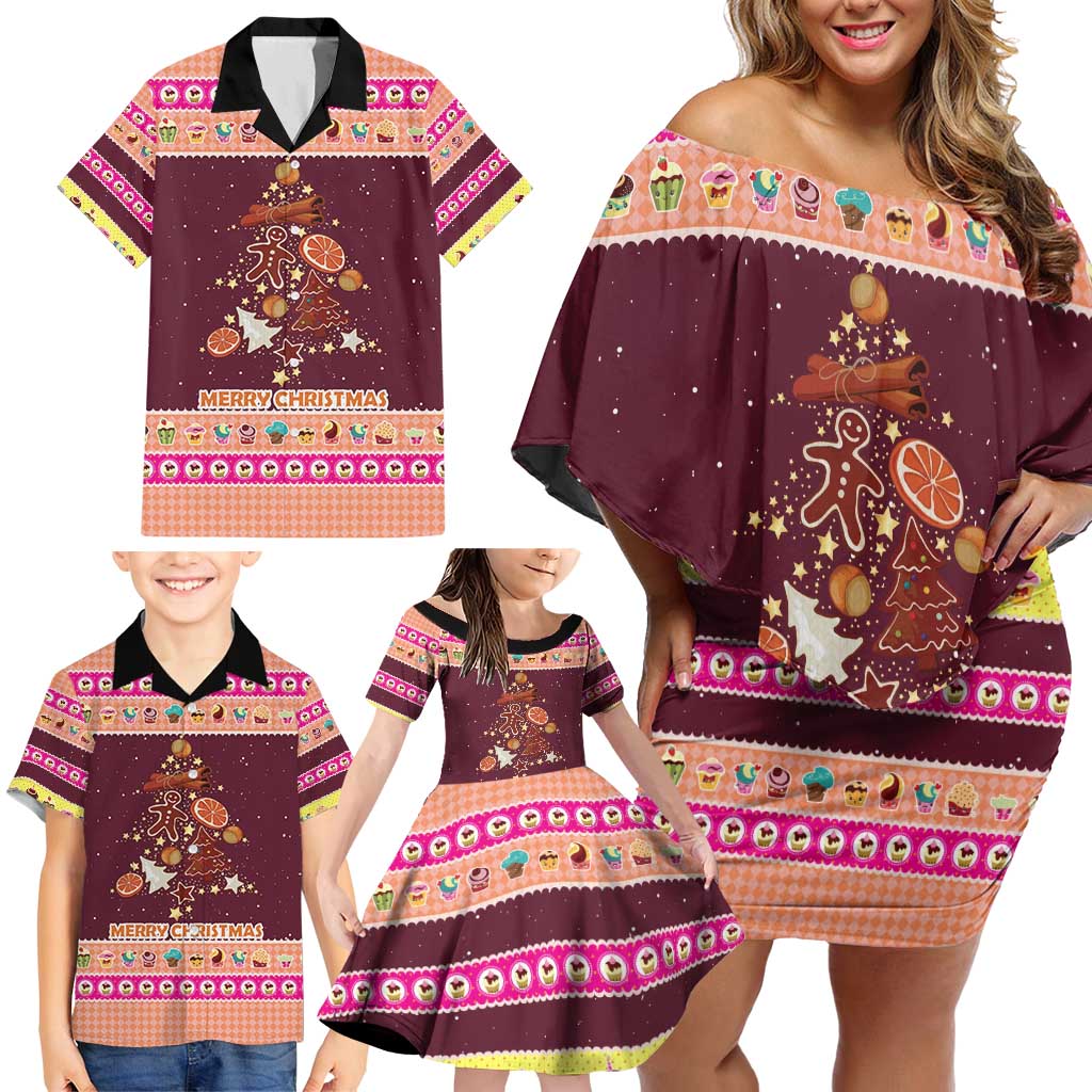 Christmas Cookie Family Matching Off Shoulder Short Dress and Hawaiian Shirt with Gingerbread Tree Candy Ornaments and Sweet Treat Pattern - Wonder Print Shop
