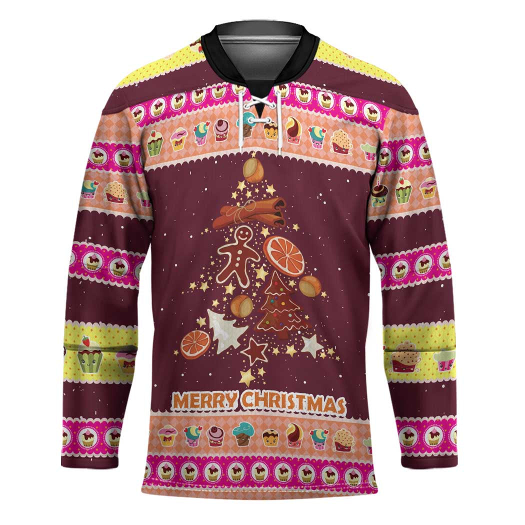 Christmas Cookie Hockey Jersey with Gingerbread Tree Candy Ornaments and Sweet Treat Pattern - Wonder Print Shop