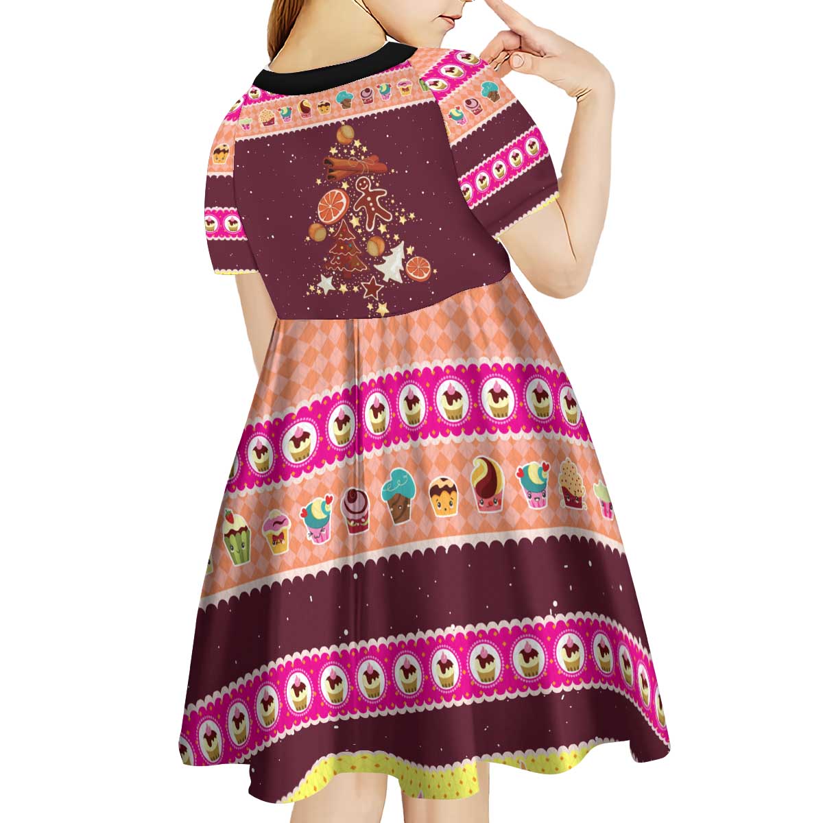 Christmas Cookie Kid Short Sleeve Dress with Gingerbread Tree Candy Ornaments and Sweet Treat Pattern - Wonder Print Shop