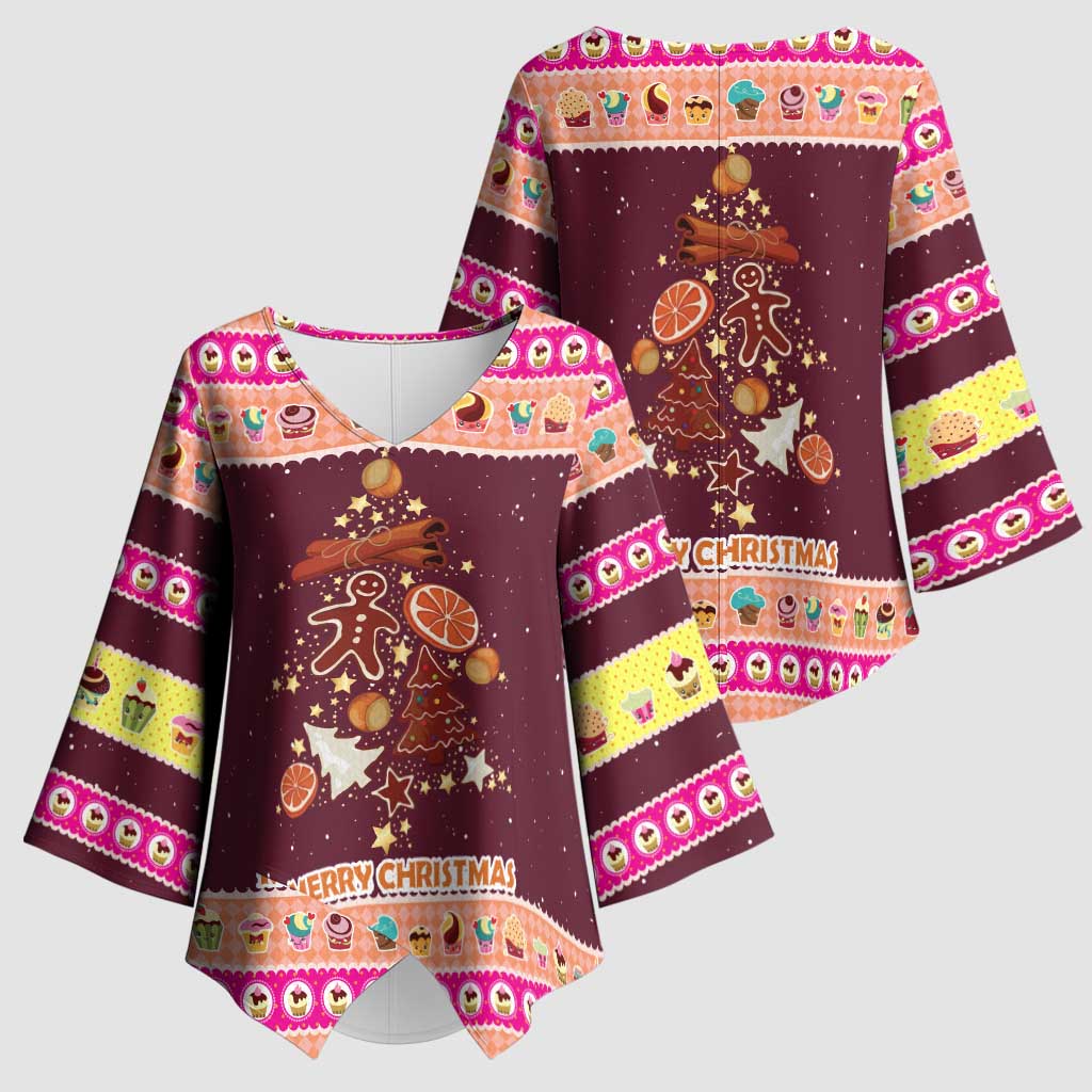Christmas Cookie Kimono Sleeve Blouse with Gingerbread Tree Candy Ornaments and Sweet Treat Pattern - Wonder Print Shop