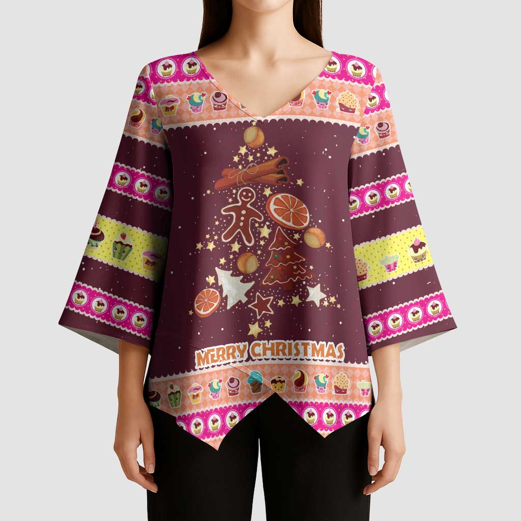 Christmas Cookie Kimono Sleeve Blouse with Gingerbread Tree Candy Ornaments and Sweet Treat Pattern - Wonder Print Shop